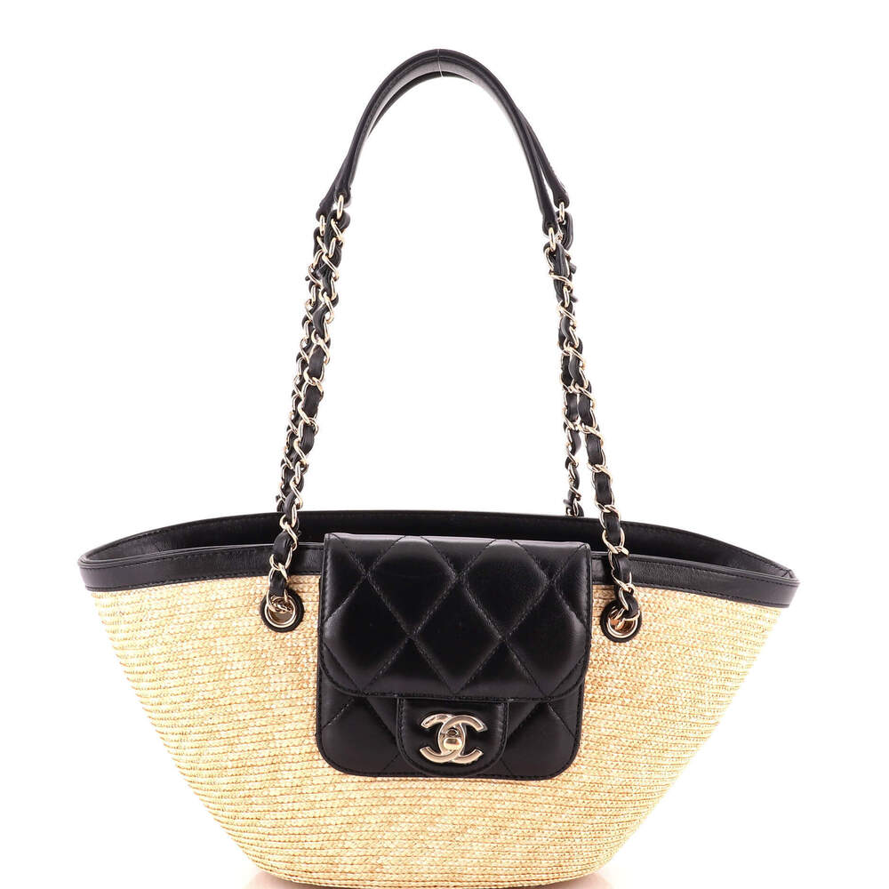 Chanel Small Coco Beach Shopping Bag Raffia with Quilted Lambskin